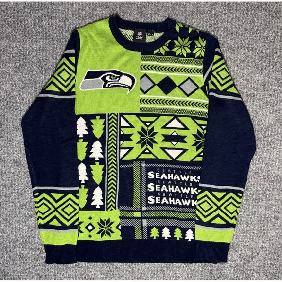 Men's Klew NFL Seattle Seahawks Ugly Christmas Sweater Navy Blue & Green Size M‎ - Picture 1 of 5